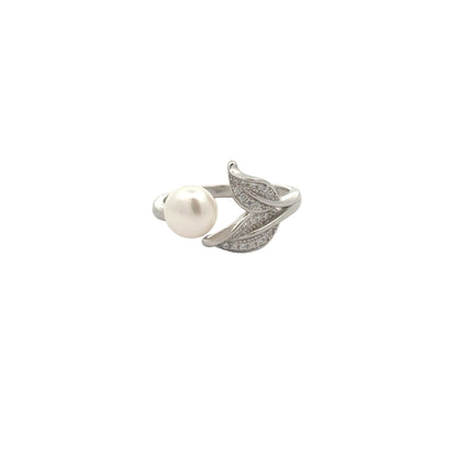Exquisite Nature Ring | Imitation Pearl with Sparkling Leaf Motifs